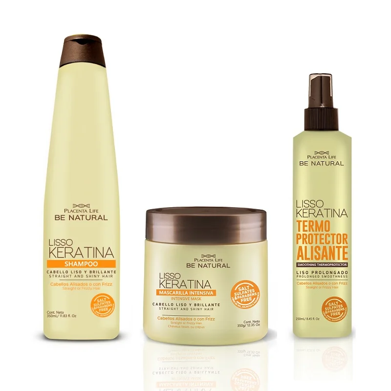 Placenta Life Lisso Keratina - Zestaw Utrwalający Efekt Prostowania Keratynowego Szampon 350ml + Maska 350ml + Spray 250ml - zestaw produktówy